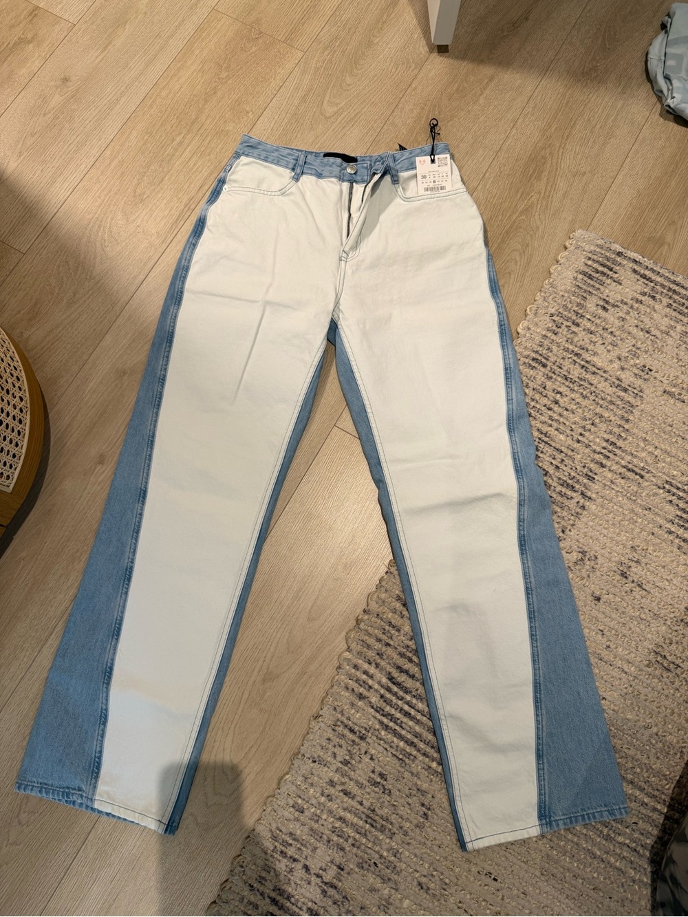 Zara Two-Tone White and Light Blue Straight Leg Jeans